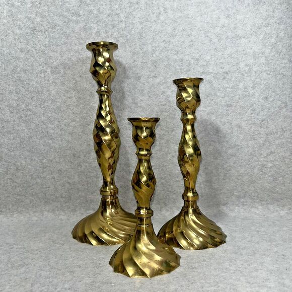 Vtg Solid Brass Spiral Swirl Twist Candlestick Holders Set of 3 Made In India - Picture 1 of 16